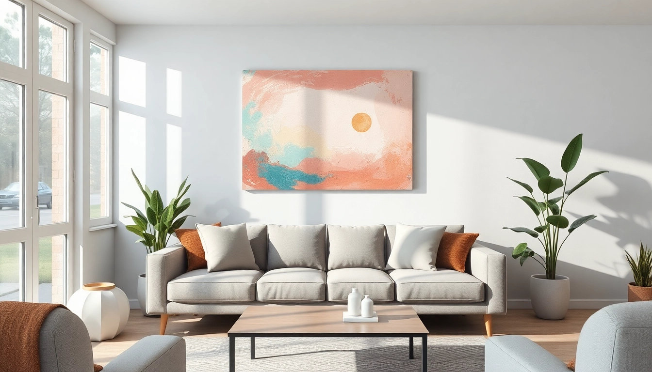 Leinwandbilder im modernen Wohnraum, das zentrale Kunstwerk über einem eleganten Sofa.