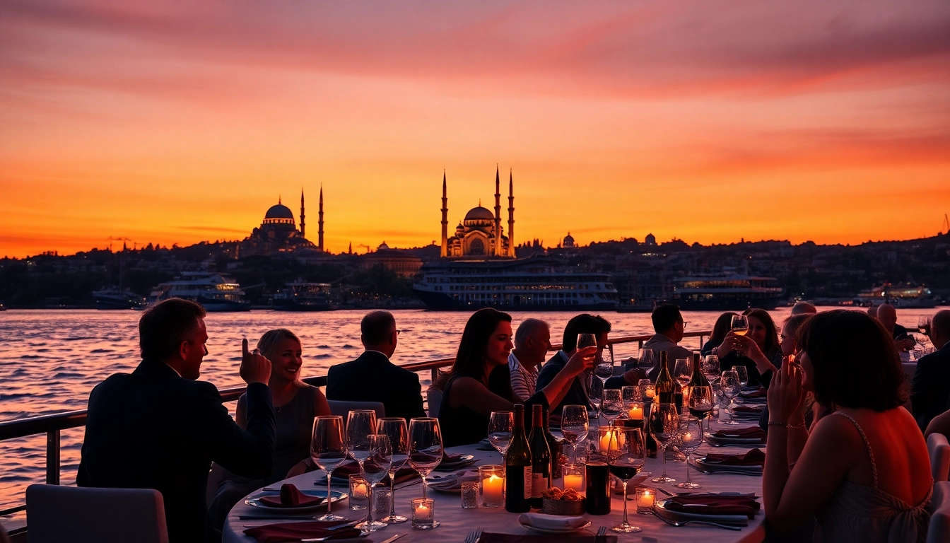 Bosphorus dinner cruise with elegantly dressed diners enjoying the view of Istanbul's skyline.
