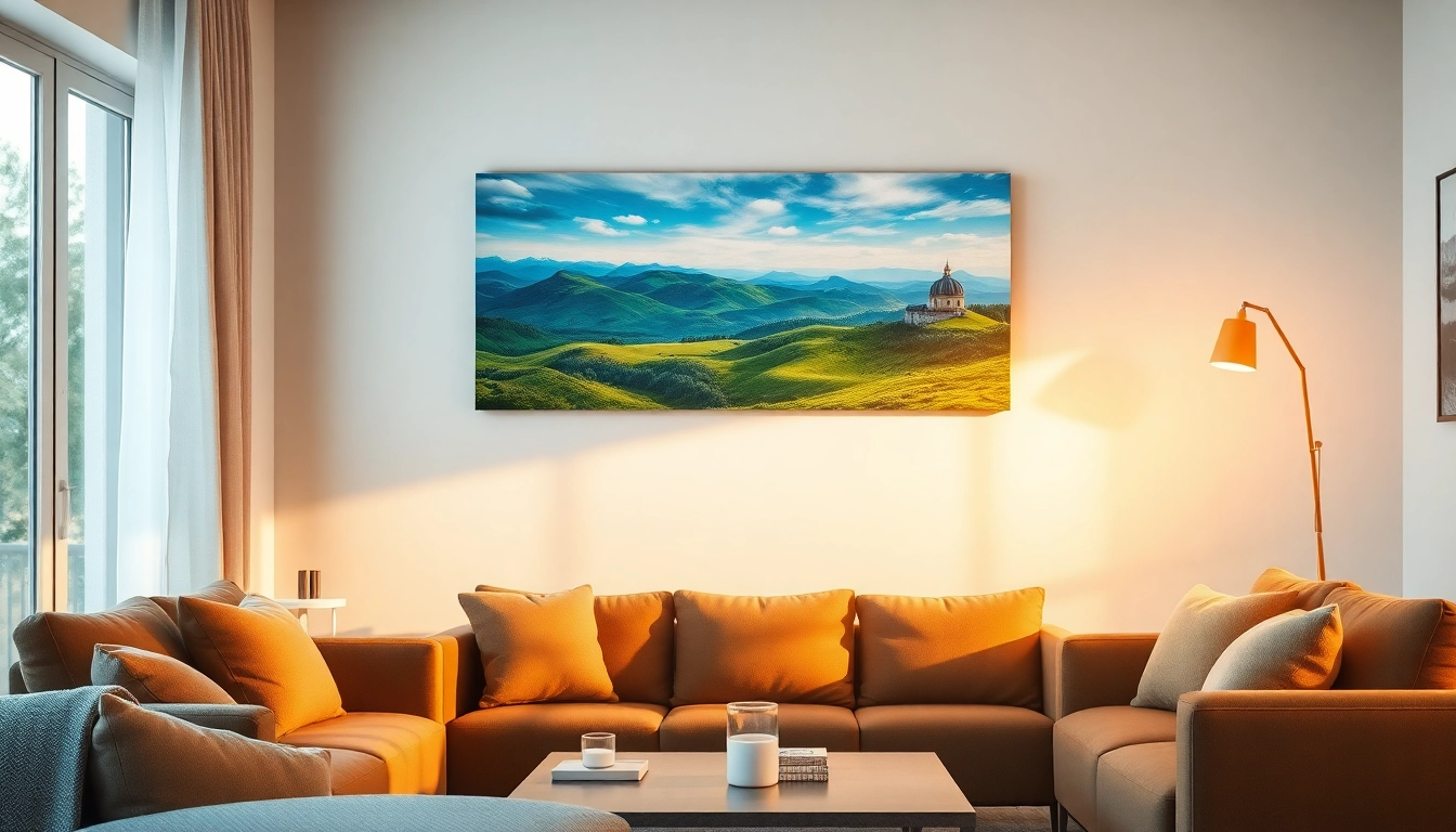 Leinwandbilder zeigen farbenfrohe Landschaften in einem einladenden Wohnzimmer.